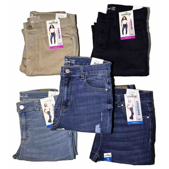 New Lot Of 5 JORDACHE GIRLS JEANS Sz 16 Bootcut SKINNY BLUE Button Zipper Snap